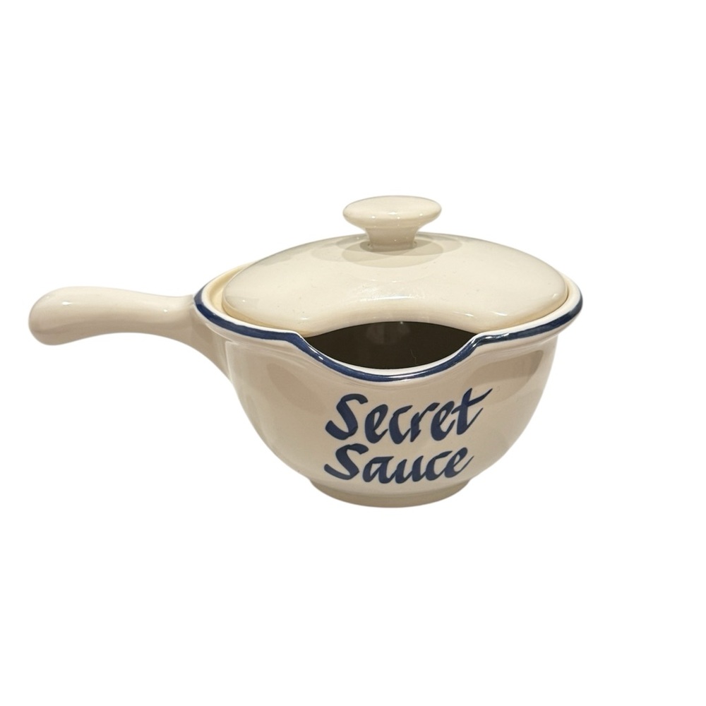 Cream Ceramic ‘Secret Sauce’ Pot with Lid and Blue Text